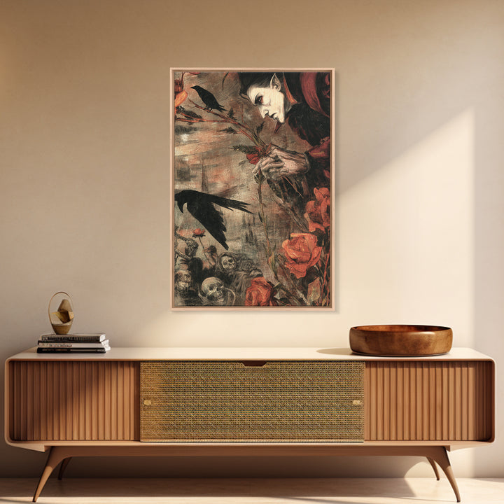 The Vampire Florist, Dark Renaissance Art, Vertical Wall Art, Dark Fantasy Wall Art, Canvas Print, Halloween Wall Art