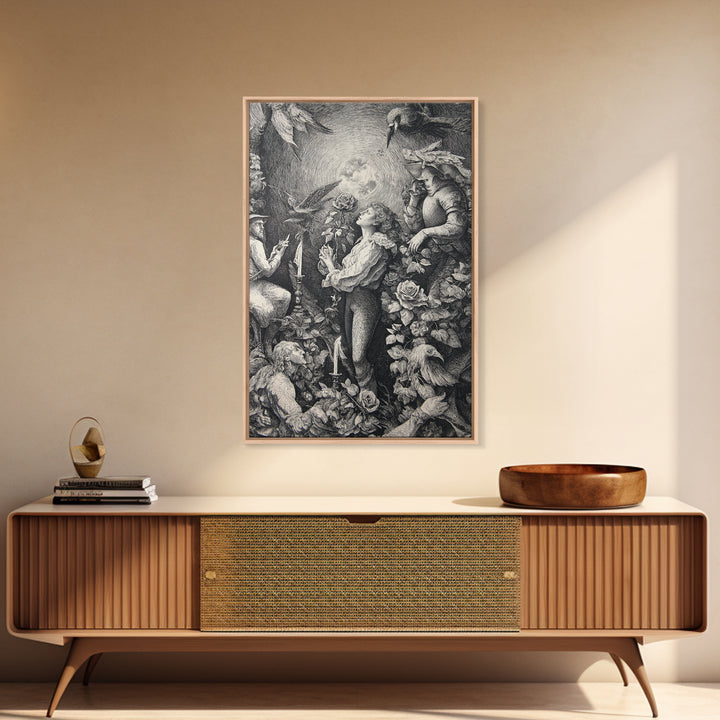 The Vampire Florist, Renaissance Engraving Art, Vertical Wall Art, Dark Fantasy Wall Art, Framed Canvas Print, Halloween Wall Art
