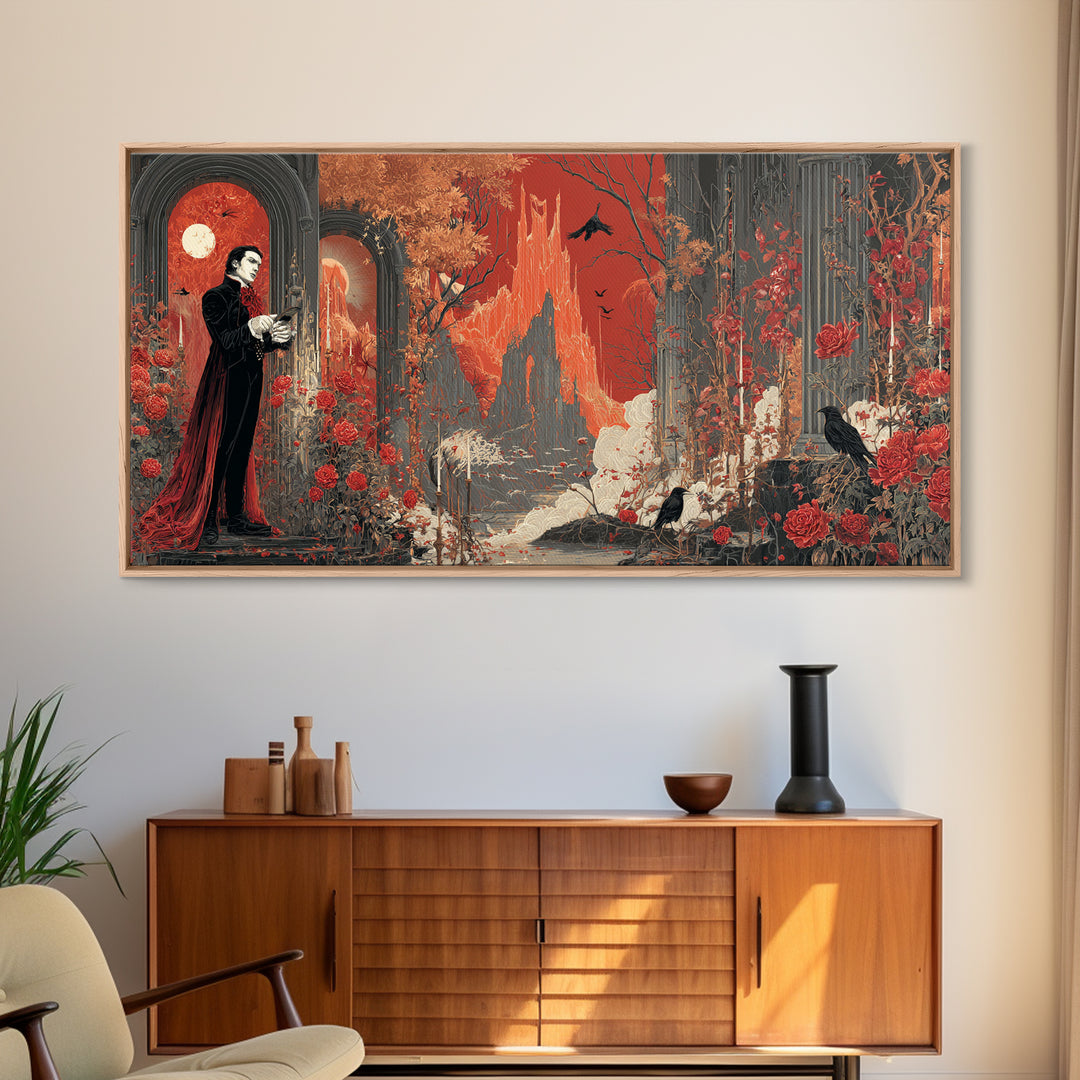 The Vampire Florist, Apocalyptic Romantic Art, Wide Panoramic Art, Dark Fantasy Wall Art, Framed Canvas Print, Halloween Wall Art