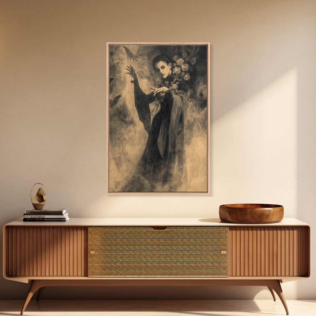 The Vampire Florist, Symbolist Dream Art, Vertical Wall Art, Macabre Wall Art, Framed Canvas Print, Halloween Wall Art