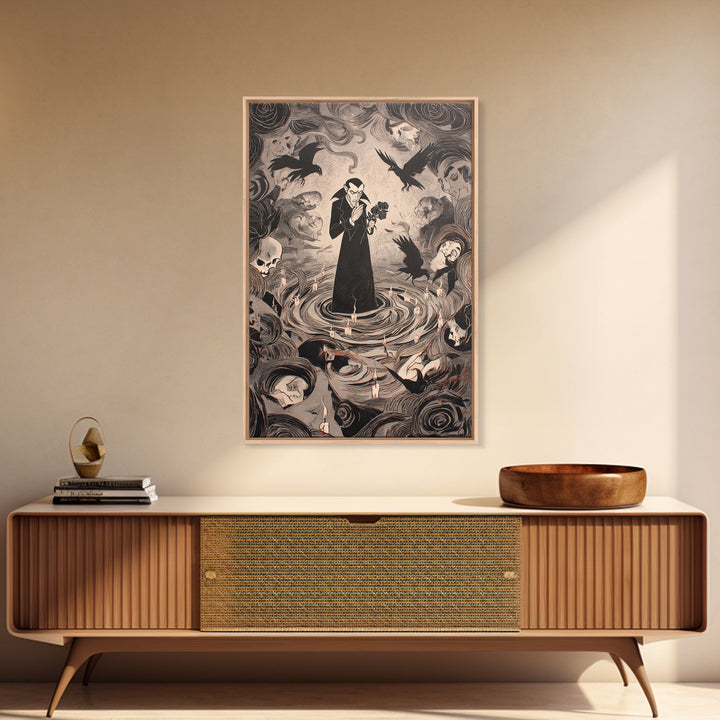 The Vampire Florist, Expressionist Gothic Art, Vertical Wall Art, Macabre Wall Art, Framed Canvas Print, Halloween Wall Art