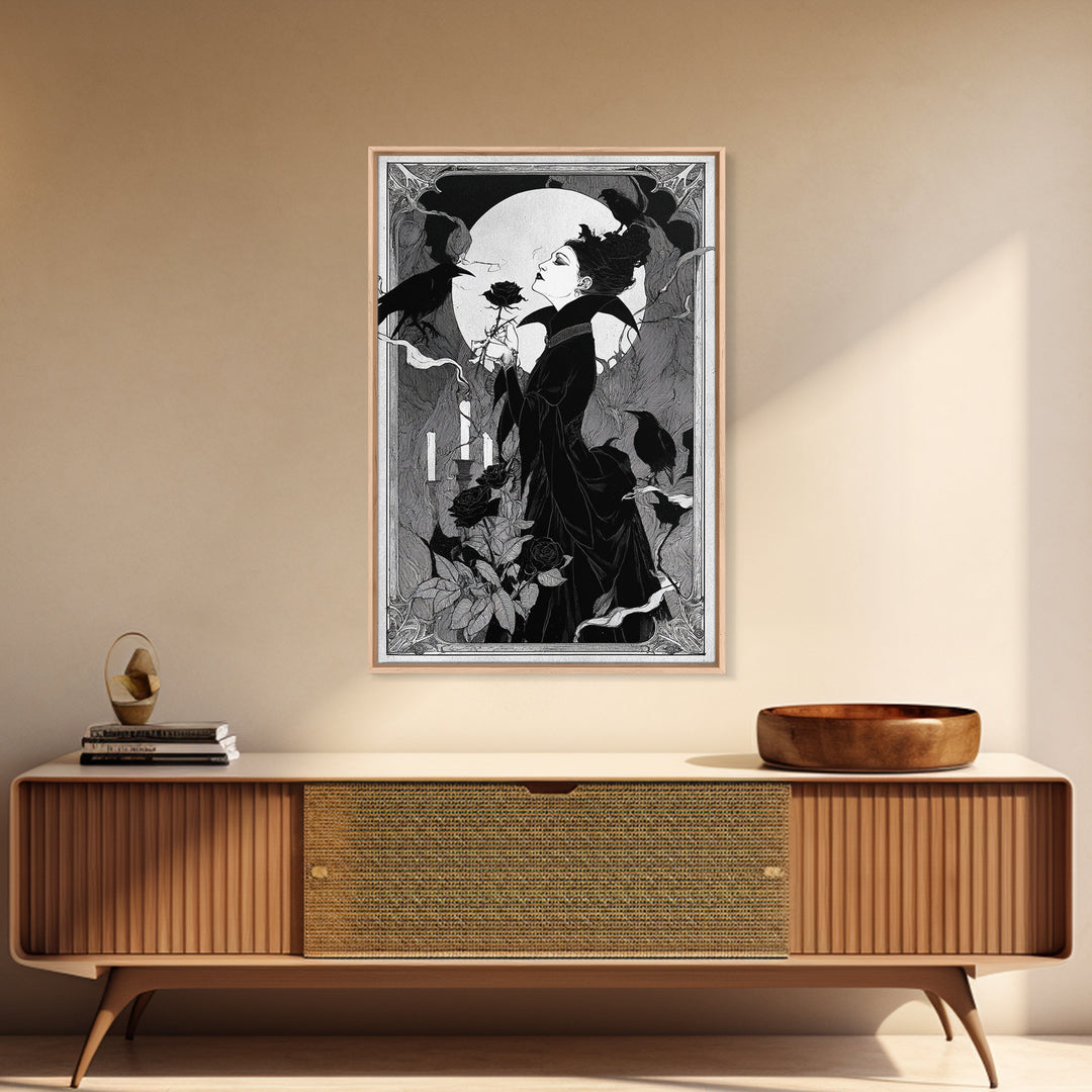 The Vampire Florist, Decadent Line Art, Vertical Wall Art, Dark Fantasy Wall Art, Canvas Print, Halloween Wall Art