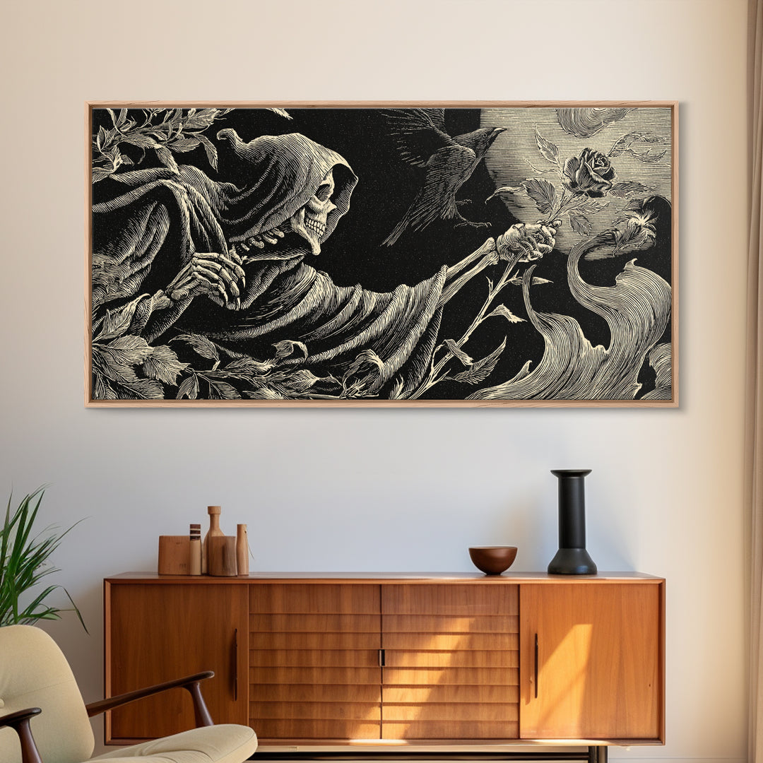 The Vampire Florist, Macabre Folk Print Art, Wide Panoramic Art, Dark Fantasy Wall Art, Framed Canvas Print, Halloween Wall Art