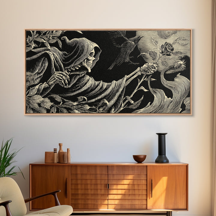 The Vampire Florist, Macabre Folk Print Art, Wide Panoramic Art, Dark Fantasy Wall Art, Framed Canvas Print, Halloween Wall Art