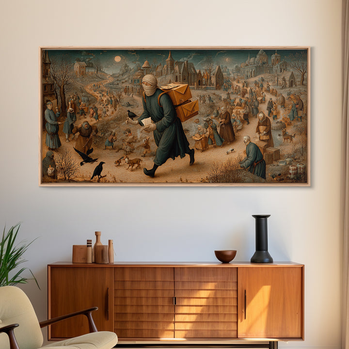 The Mummy Mail Carrier, Northern Renaissance Horror, Wide Panoramic Art, Dark Halloween Decor, Canvas Print, Halloween Wall Art