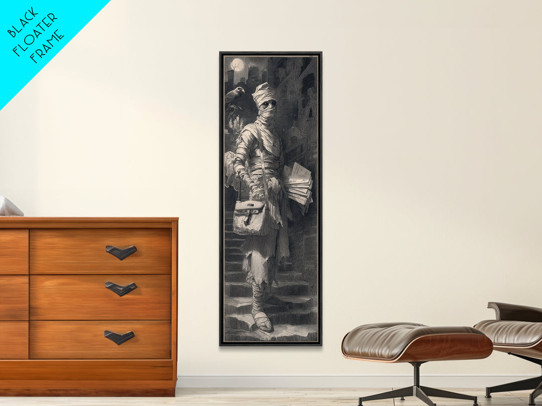The Mummy Mail Carrier, Architectural Etching Art, Tall Narrow Wall Art, Gothic Horror Wall Art, Framed Canvas Print