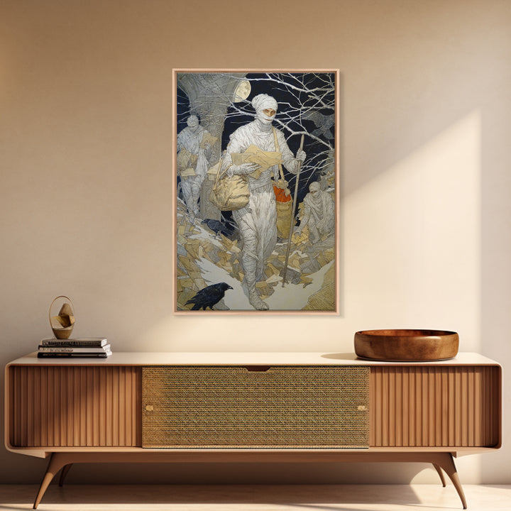The Mummy Mail Carrier, Symbolist Death Art, Vertical Wall Art, Macabre Wall Art, Canvas Print, Halloween Wall Art