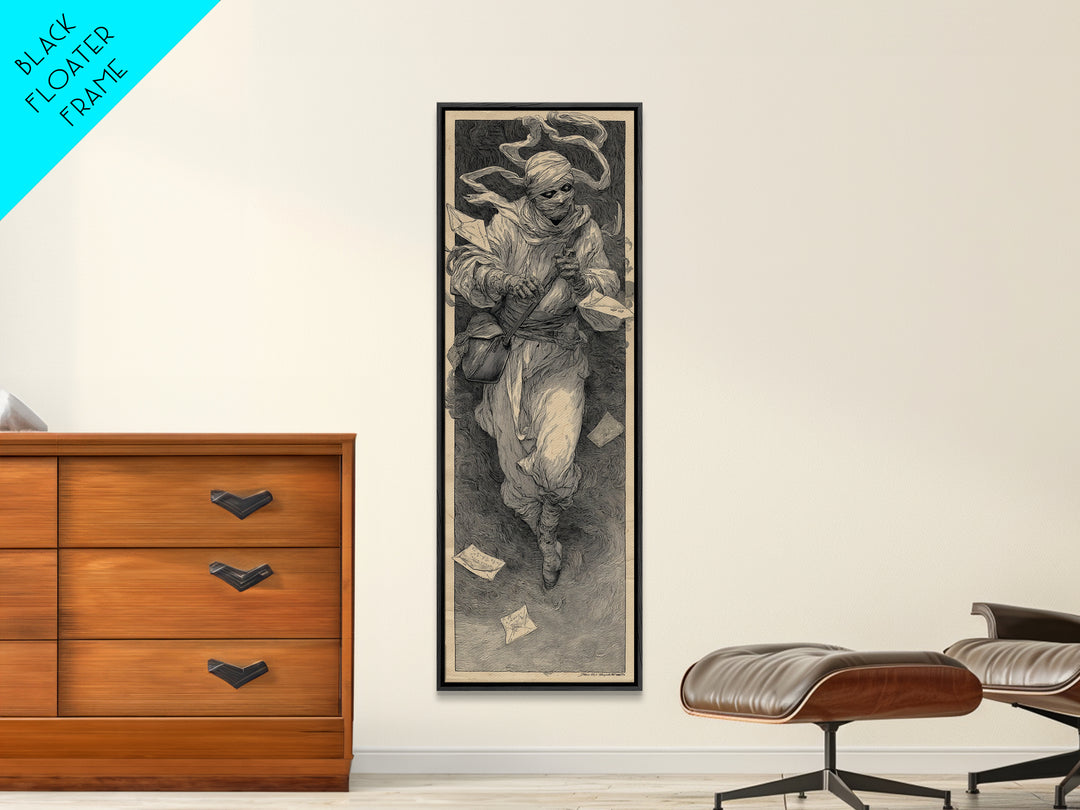 The Mummy Mail Carrier, Symbolist Etching Art, Tall Narrow Wall Art, Gothic Horror Wall Art, Framed Canvas Print, Halloween Wall Art