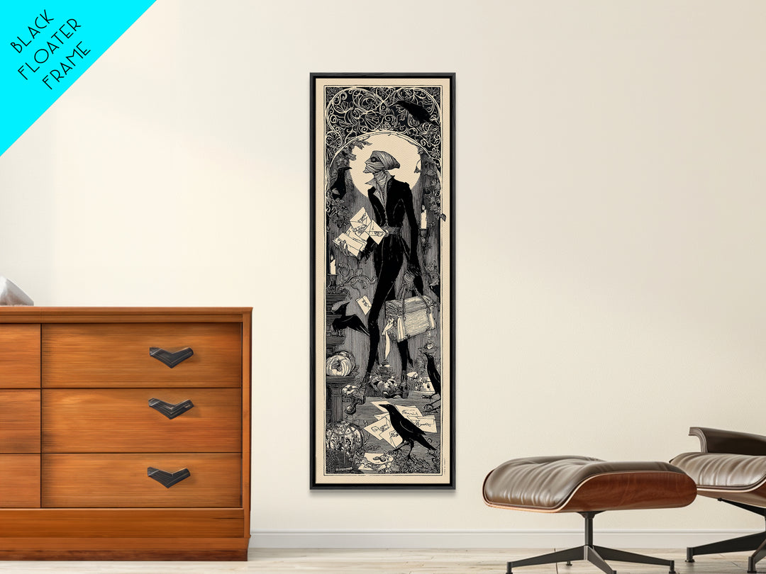 The Mummy Mail Carrier, Decadent Line Art, Tall Narrow Wall Art, Gothic Horror Wall Art, Framed Canvas Print, Halloween Wall Art