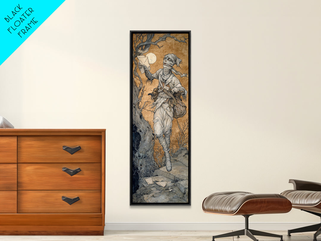 The Mummy Mail Carrier, Gothic Storybook Art, Tall Narrow Wall Art, Dark Fantasy Wall Art, Canvas Print, Halloween Wall Art