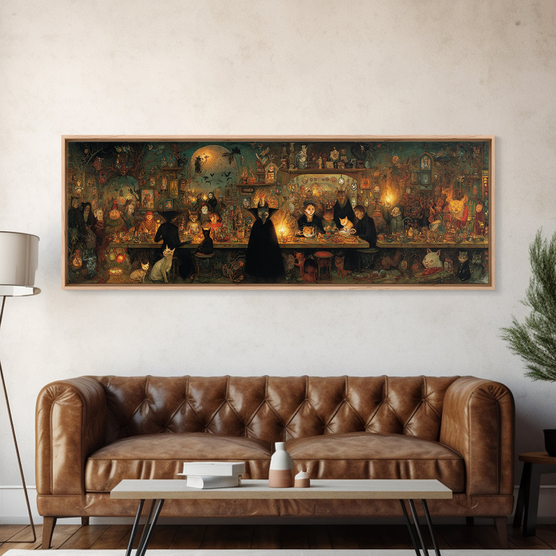 The Witch'S Cat Cafe, Medieval Grotesque Art, Extra Wide Wall Art, Dark Halloween Decor, Canvas Print, Halloween Wall Art