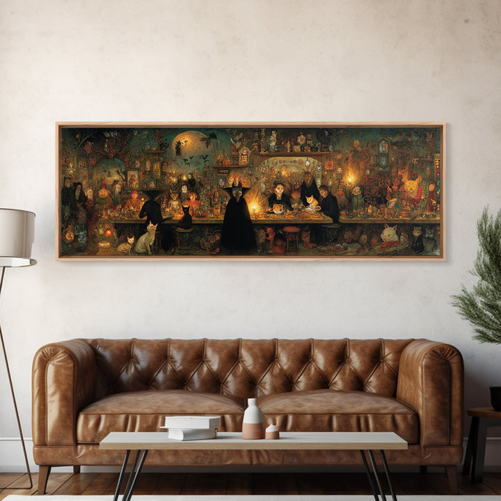 The Witch'S Cat Cafe, Medieval Grotesque Art, Extra Wide Wall Art, Dark Halloween Decor, Canvas Print, Halloween Wall Art