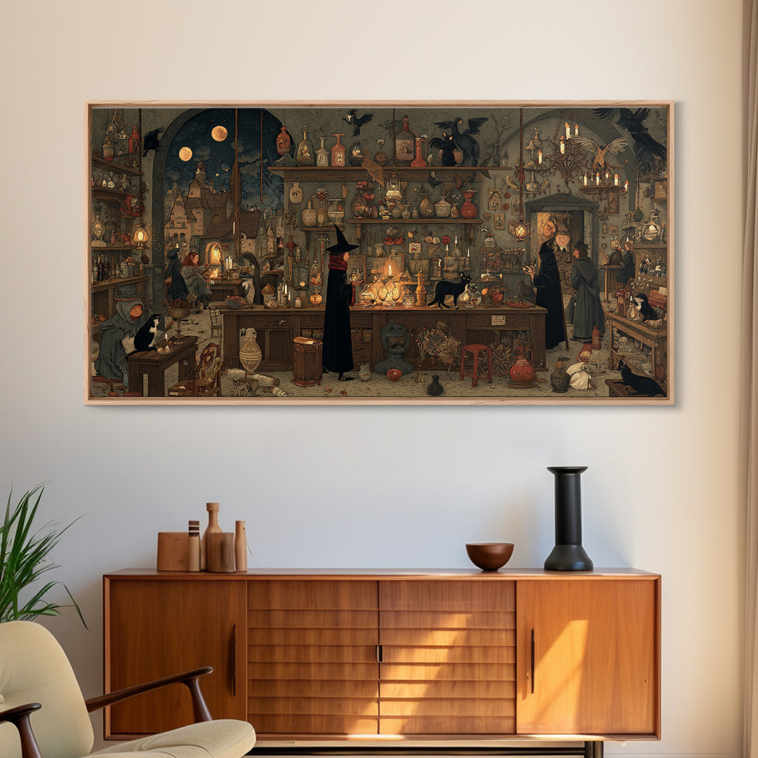 The Witch'S Cat Cafe, Northern Renaissance Horror, Wide Panoramic Art, Gothic Horror Wall Art, Framed Canvas Print