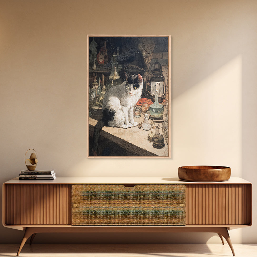 The Witch'S Cat Cafe, Dark Renaissance Art, Vertical Wall Art, Macabre Wall Art, Framed Canvas Print, Halloween Wall Art