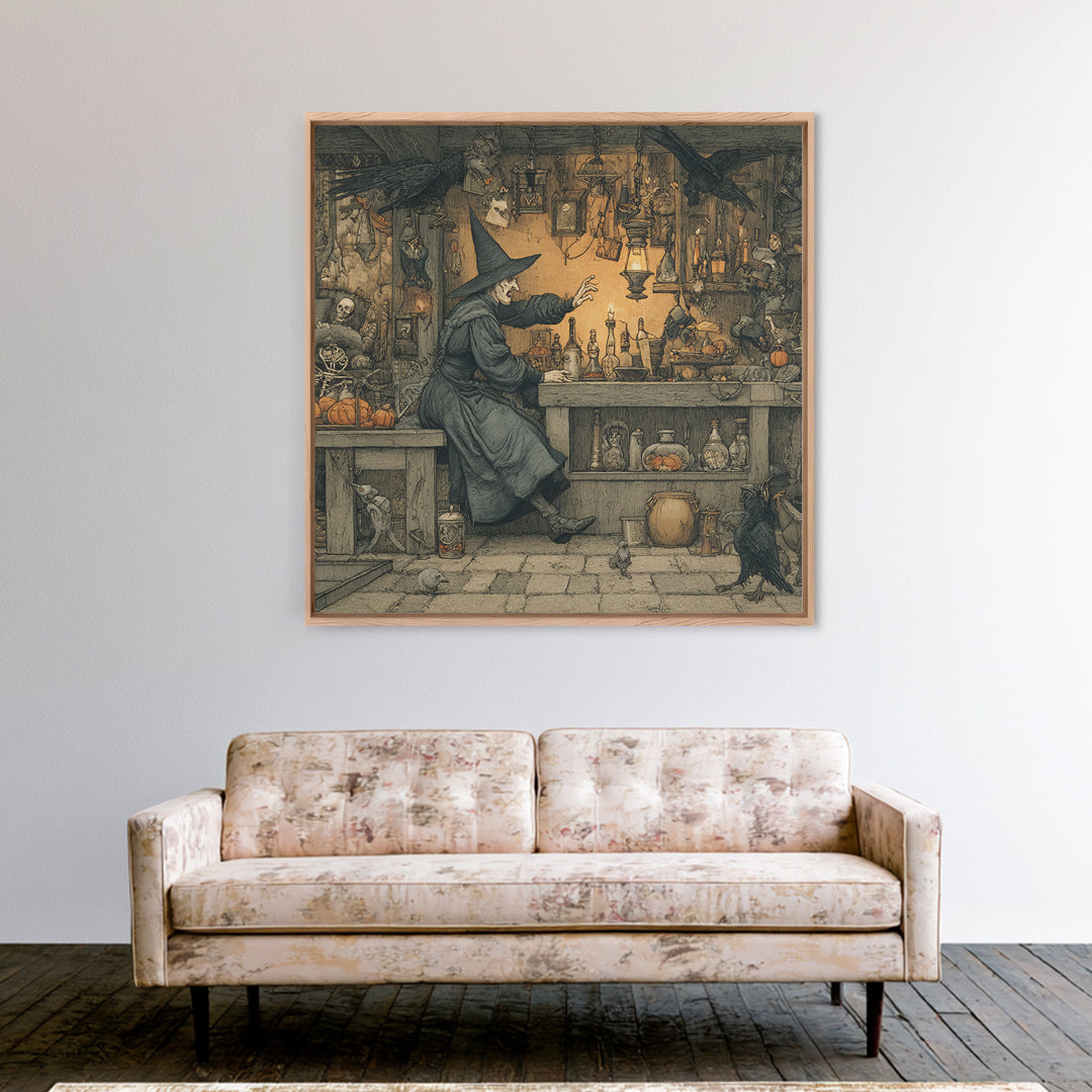The Witch'S Cat Cafe, Danse Macabre Art, Square Wall Art, Dark Fantasy Wall Art, Framed Canvas Print, Halloween Wall Art