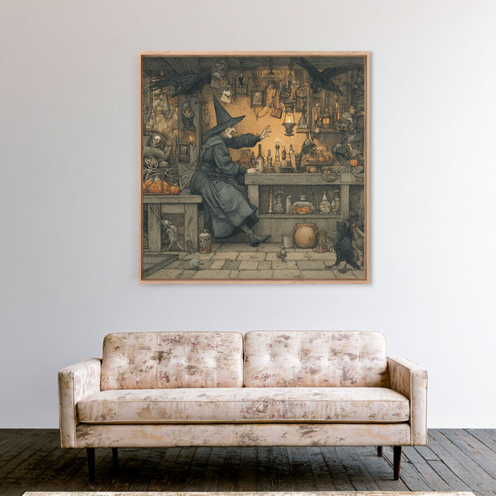 The Witch'S Cat Cafe, Danse Macabre Art, Square Wall Art, Dark Fantasy Wall Art, Framed Canvas Print, Halloween Wall Art