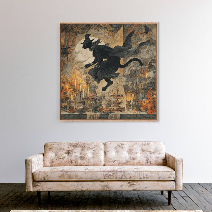 The Witch'S Cat Cafe, Baroque Witchcraft Art, Square Wall Art, Dark Halloween Decor, Framed Canvas Print, Halloween Wall Art