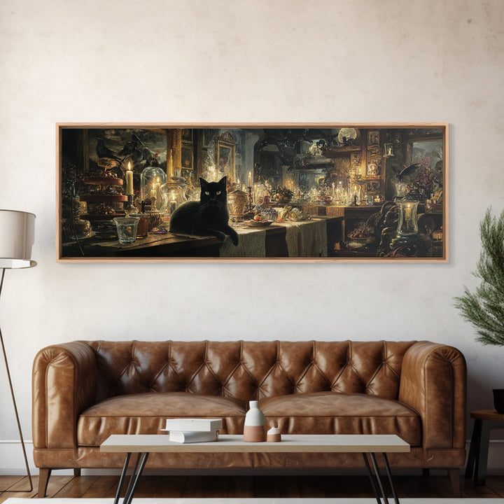 The Witch'S Cat Cafe, Visionary Gothic Art, Extra Wide Wall Art, Dark Fantasy Wall Art, Canvas Print, Halloween Wall Art