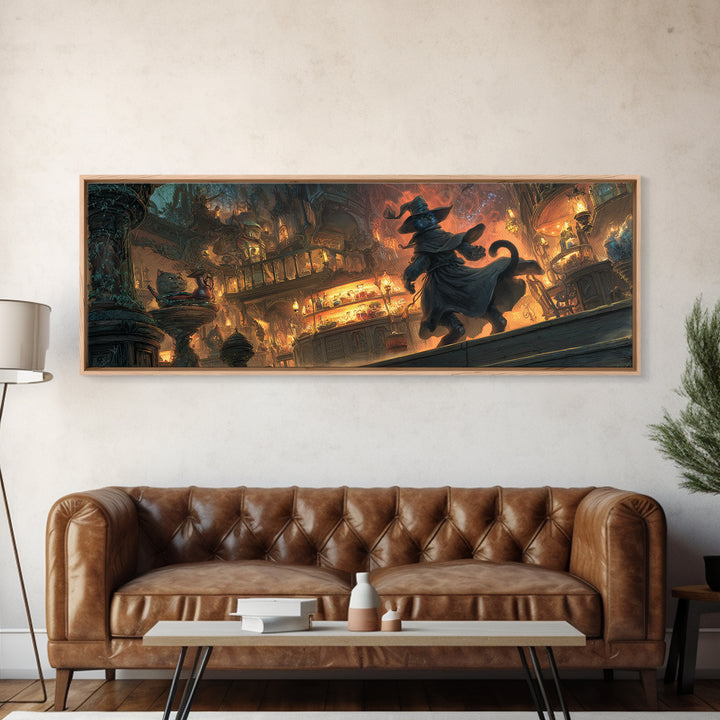 The Witch'S Cat Cafe, Apocalyptic Romantic Art, Extra Wide Wall Art, Macabre Wall Art, Canvas Print, Halloween Wall Art, Seasonal Home Decor