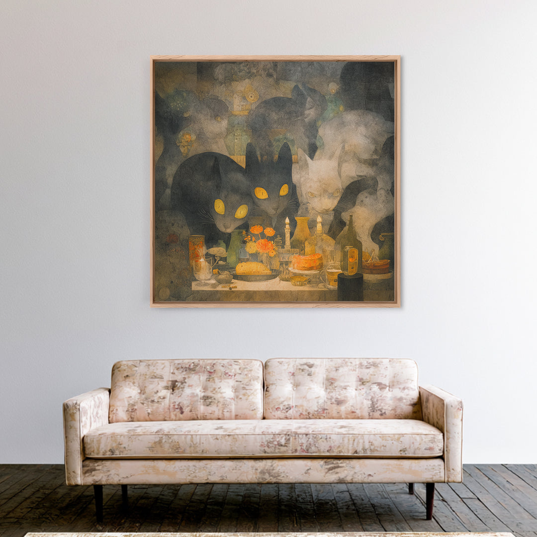 The Witch'S Cat Cafe, Symbolist Dream Art, Square Wall Art, Macabre Wall Art, Framed Canvas Print, Halloween Wall Art, Horror Wall Art