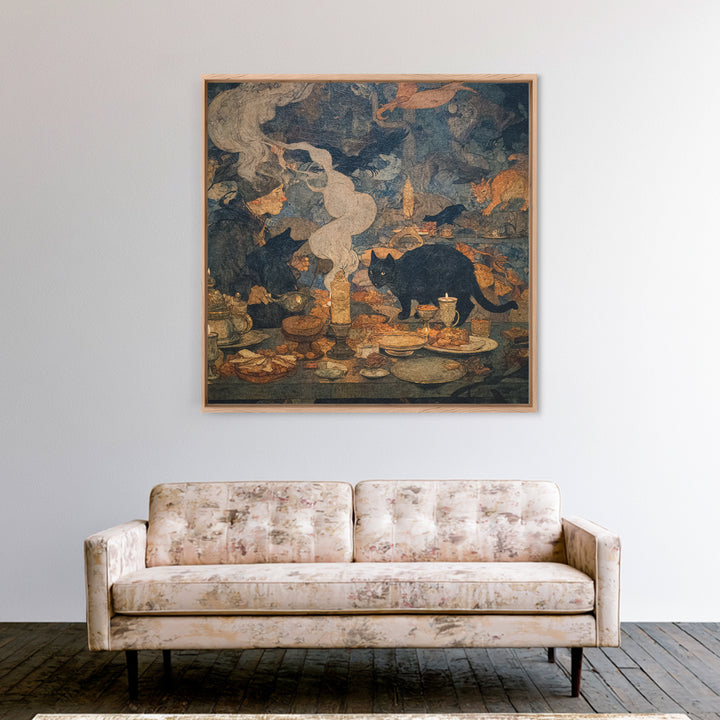 The Witch'S Cat Cafe, Dark Symbolist Art, Square Wall Art, Dark Halloween Decor, Framed Canvas Print, Halloween Wall Art
