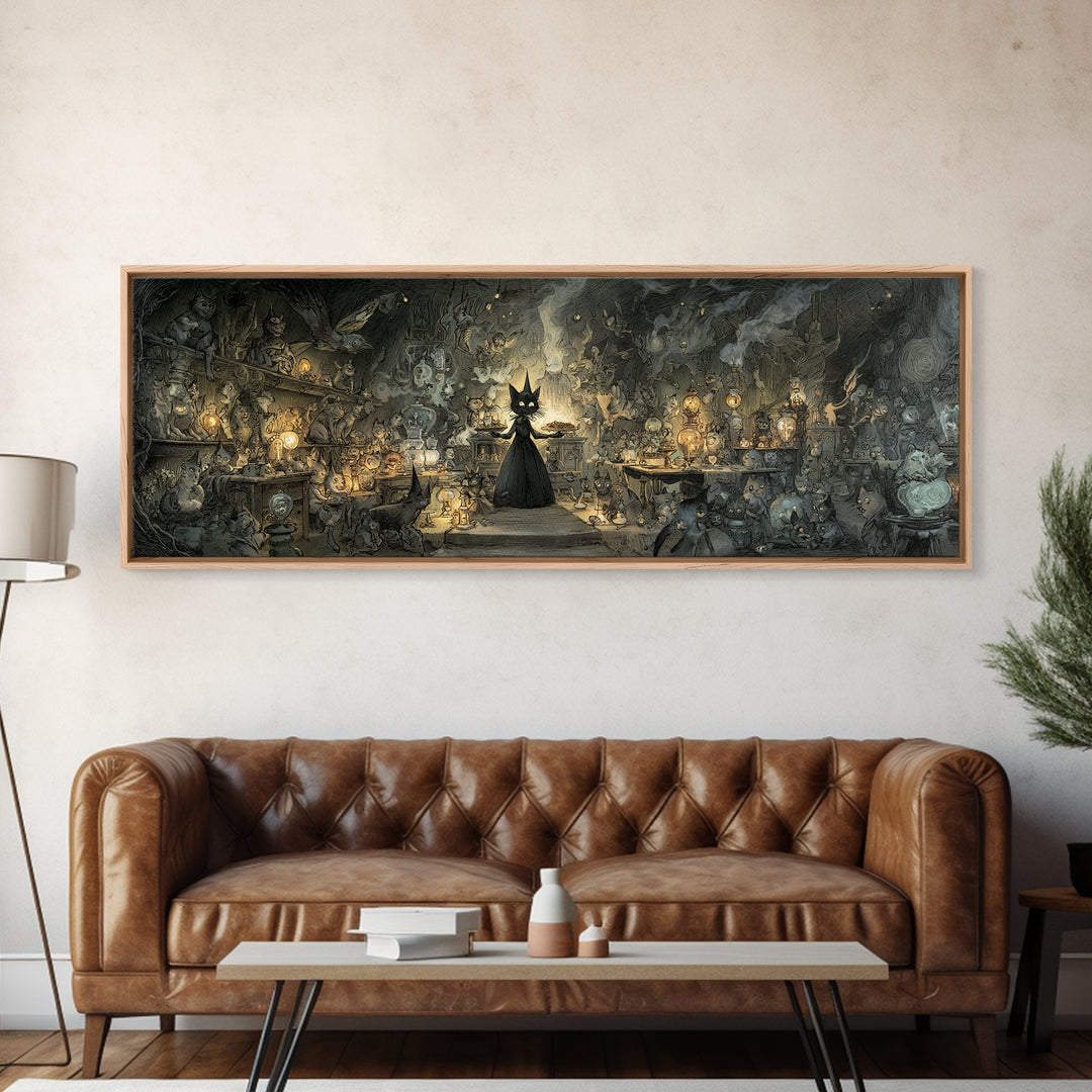 The Witch'S Cat Cafe, Expressionist Nightmare Art, Extra Wide Wall Art, Dark Halloween Decor, Canvas Print, Halloween Wall Art