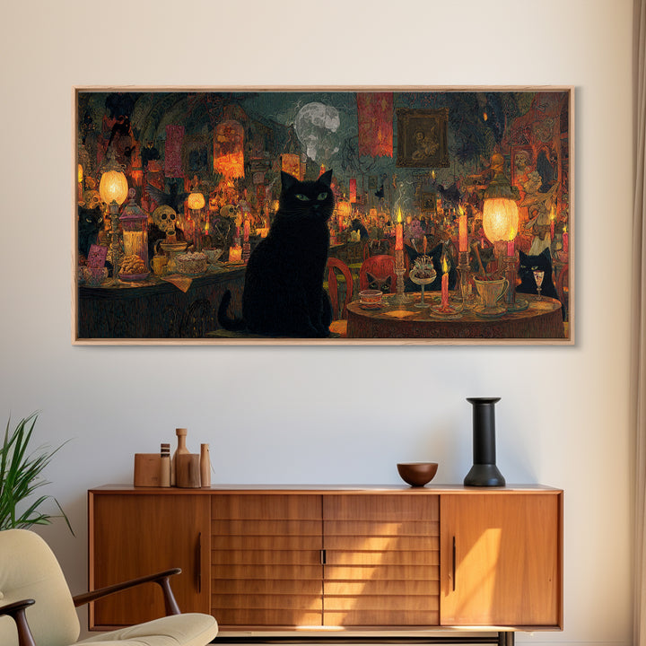 The Witch'S Cat Cafe, Grotesque Carnival Art, Wide Panoramic Art, Dark Halloween Decor, Framed Canvas Print, Halloween Wall Art