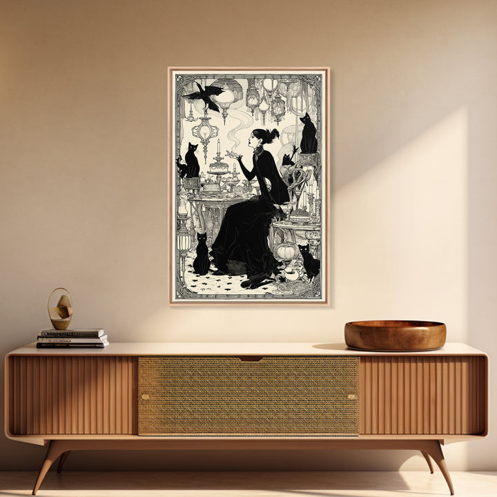 The Witch'S Cat Cafe, Decadent Line Art, Vertical Wall Art, Gothic Horror Wall Art, Framed Canvas Print, Halloween Wall Art