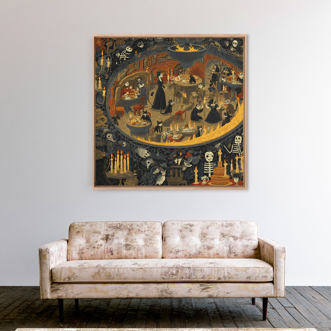 The Witch'S Cat Cafe, Macabre Folk Print Art, Square Wall Art, Macabre Wall Art, Framed Canvas Print, Halloween Wall Art