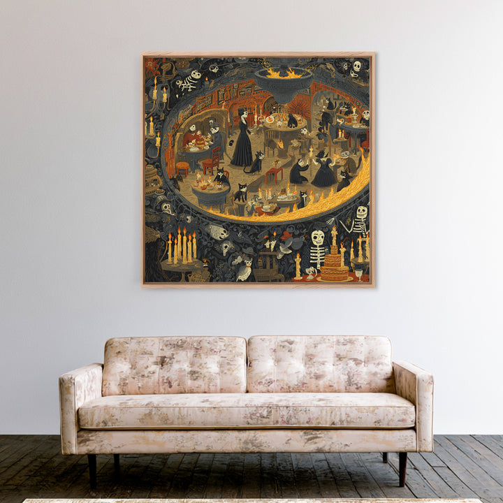 The Witch'S Cat Cafe, Macabre Folk Print Art, Square Wall Art, Macabre Wall Art, Framed Canvas Print, Halloween Wall Art