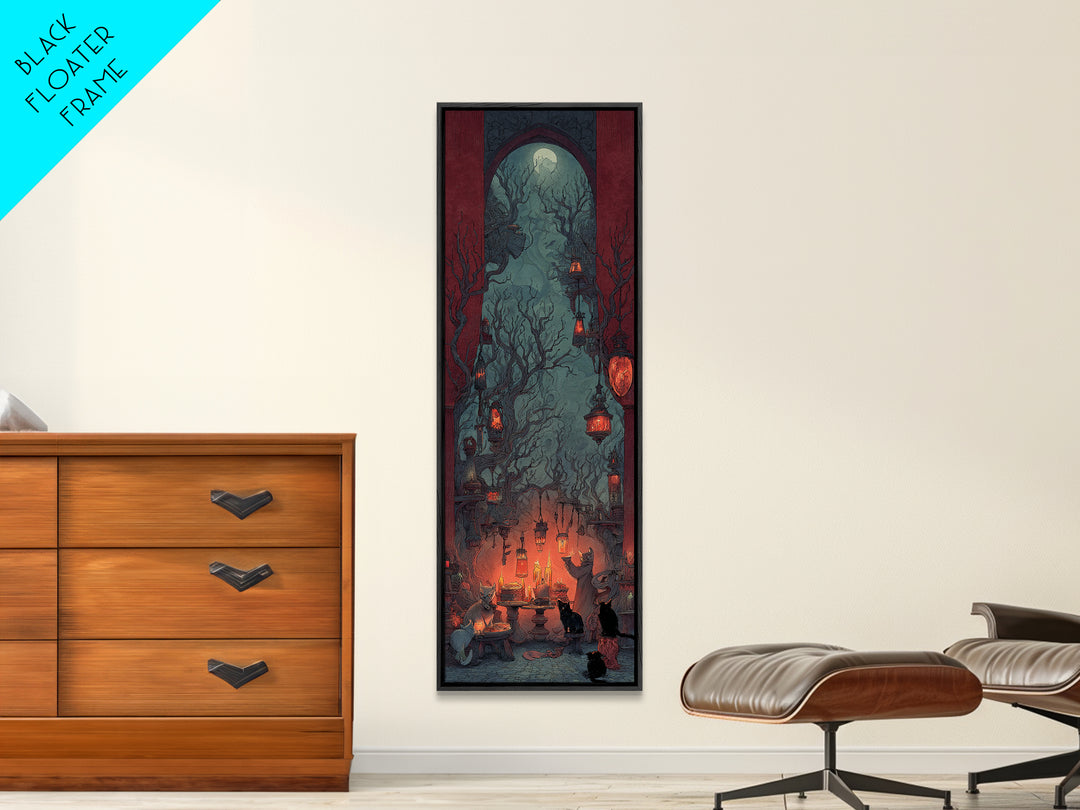 The Witch'S Cat Cafe, Surreal Apocalyptic Art, Tall Narrow Wall Art, Dark Fantasy Wall Art, Framed Canvas Print, Halloween Wall Art
