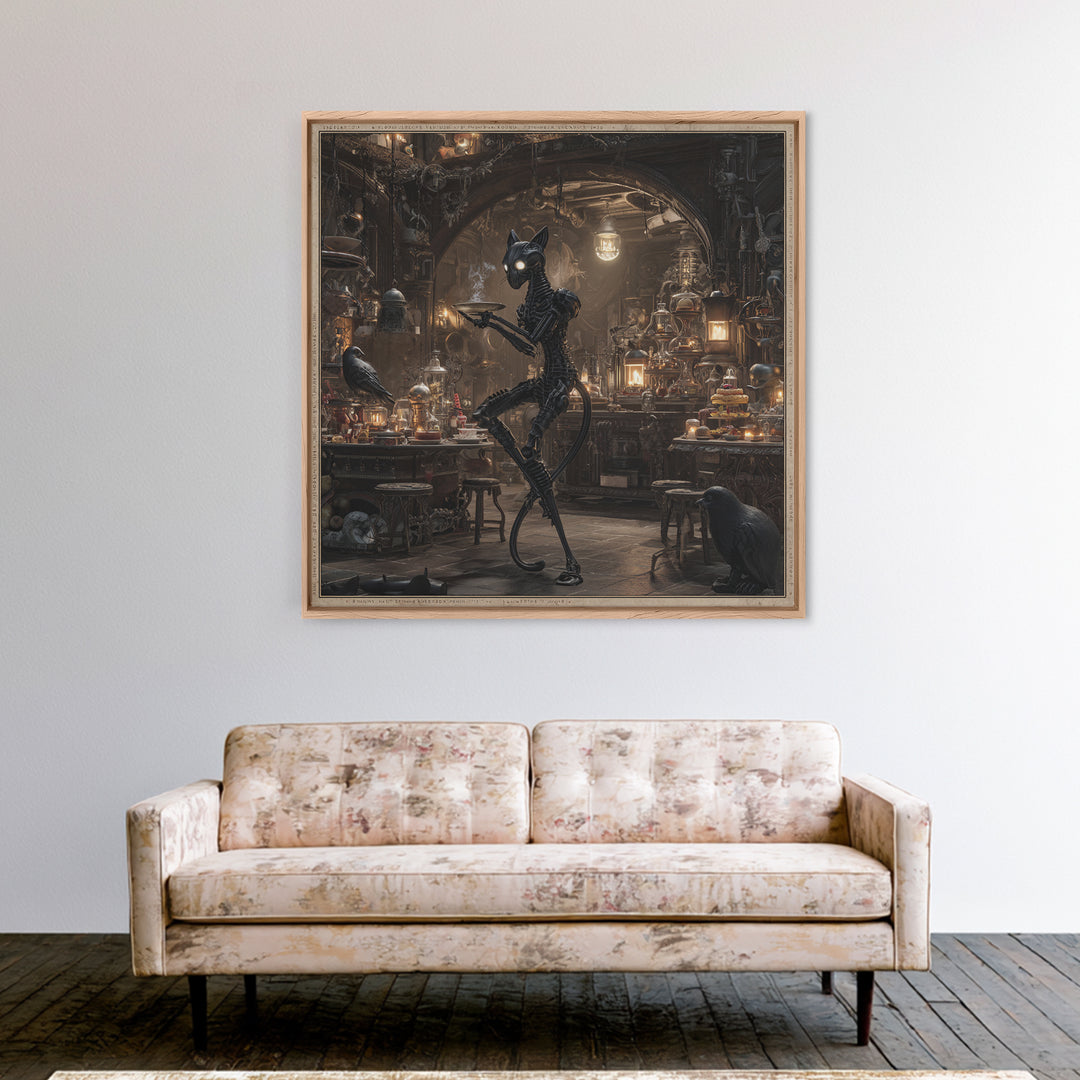 The Witch'S Cat Cafe, Biomechanical Horror Art, Square Wall Art, Dark Halloween Decor, Framed Canvas Print, Halloween Wall Art