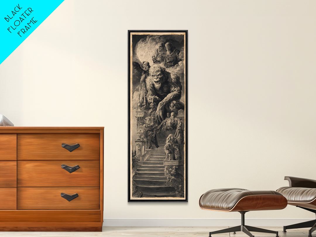 The Monster Family Portrait, Architectural Etching Art, Tall Narrow Wall Art, Dark Halloween Decor, Framed Canvas Print
