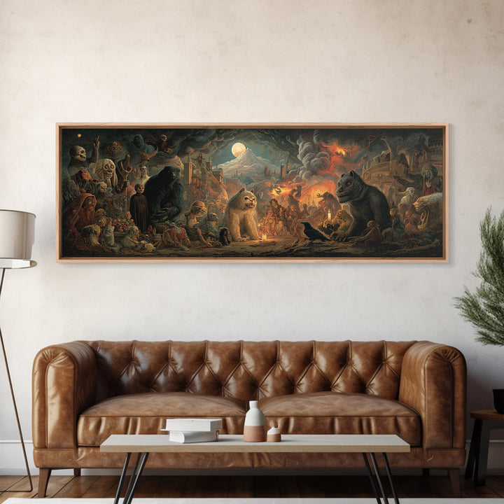 The Monster Family Portrait, Apocalyptic Romantic Art, Extra Wide Wall Art, Dark Halloween Decor, Framed Canvas Print, Halloween Wall Art