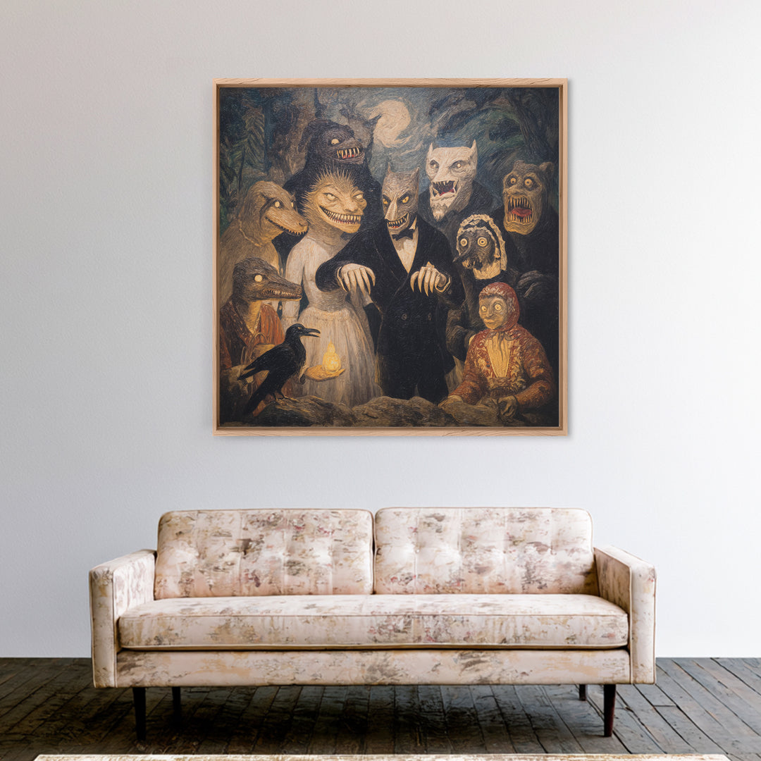 The Monster Family Portrait, Expressionist Gothic Art, Square Wall Art, Dark Halloween Decor, Framed Canvas Print, Halloween Wall Art