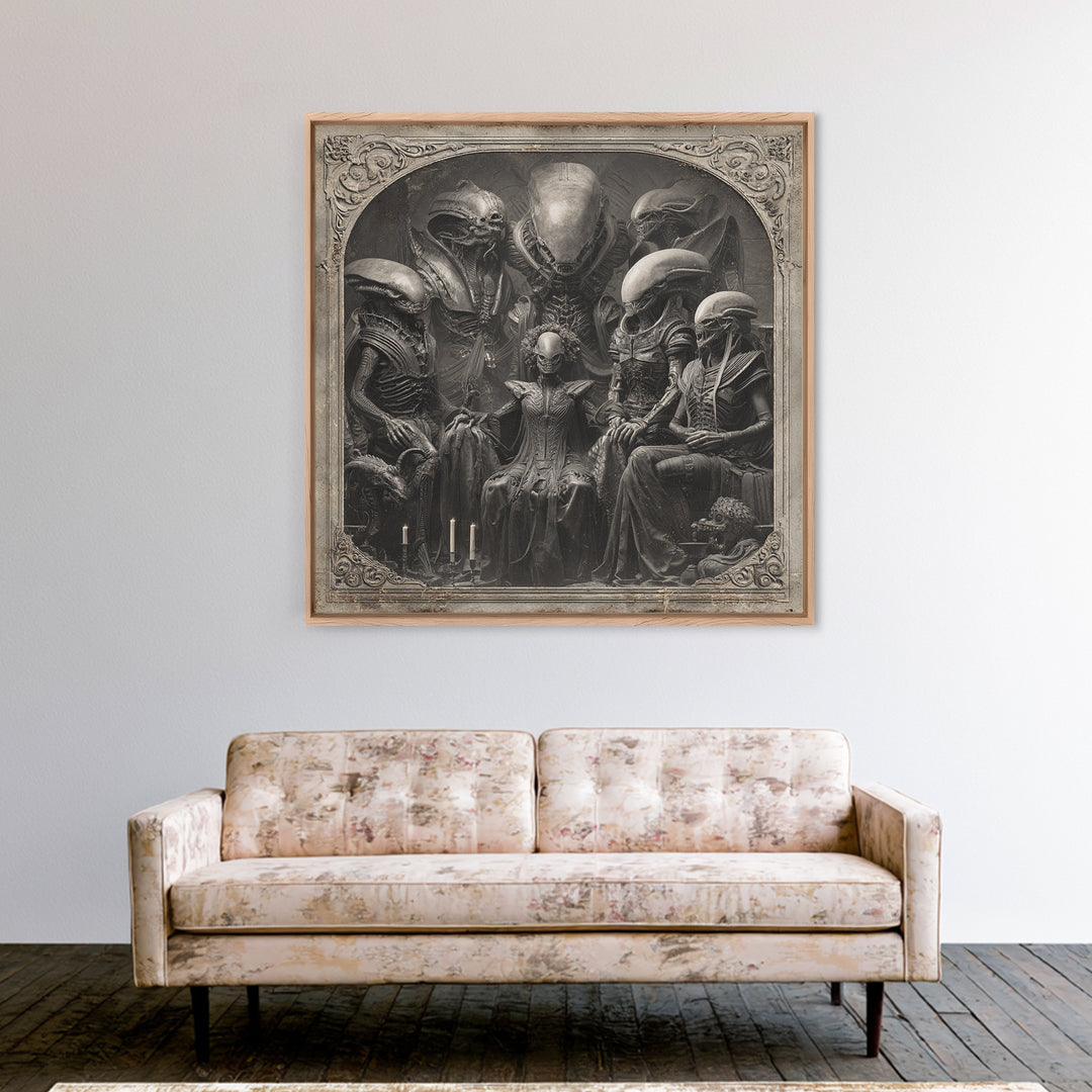 The Monster Family Portrait, Biomechanical Horror Art, Square Wall Art, Macabre Wall Art, Framed Canvas Print, Halloween Wall Art