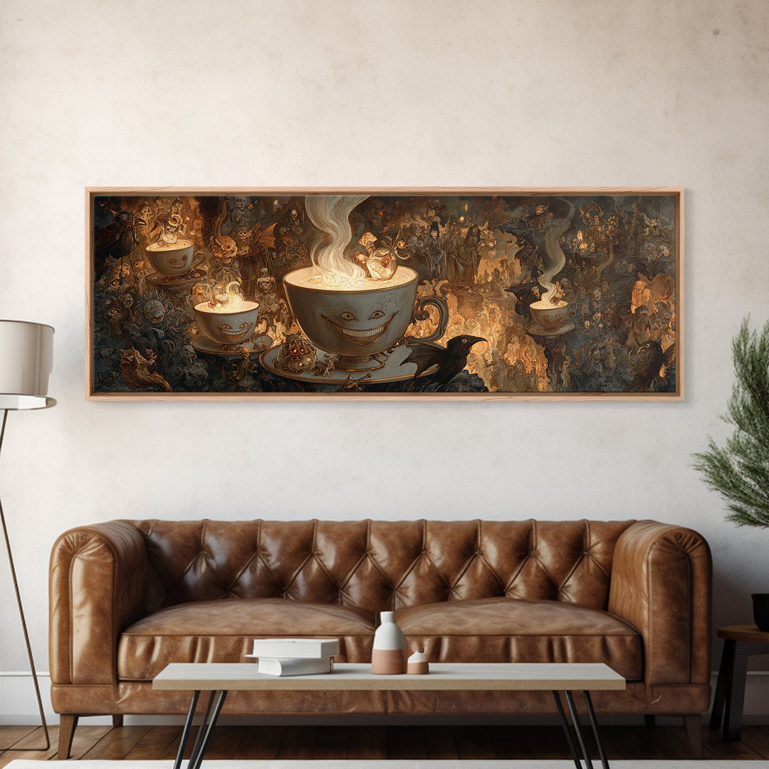 Tiny Ghosts In Teacups, Medieval Grotesque Art, Extra Wide Wall Art, Dark Halloween Decor, Framed Canvas Print, Halloween Wall Art