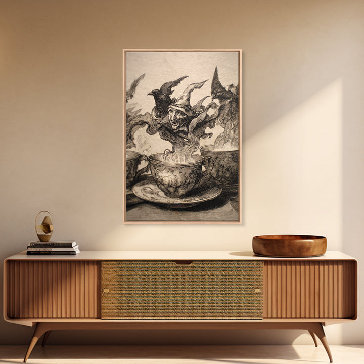 Tiny Ghosts In Teacups, Renaissance Engraving Art, Vertical Wall Art, Dark Fantasy Wall Art, Canvas Print, Halloween Wall Art