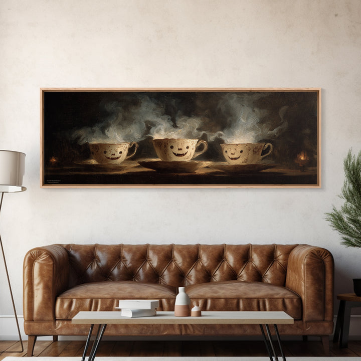 Tiny Ghosts In Teacups, Dark Romantic Horror Art, Extra Wide Wall Art, Macabre Wall Art, Canvas Print, Halloween Wall Art