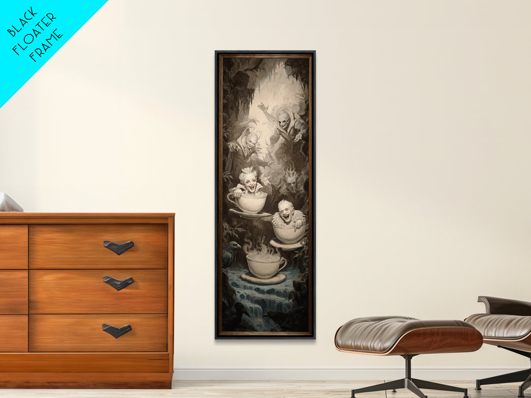 Tiny Ghosts In Teacups, Gothic Nightmare Art, Tall Narrow Wall Art, Macabre Wall Art, Framed Canvas Print, Halloween Wall Art