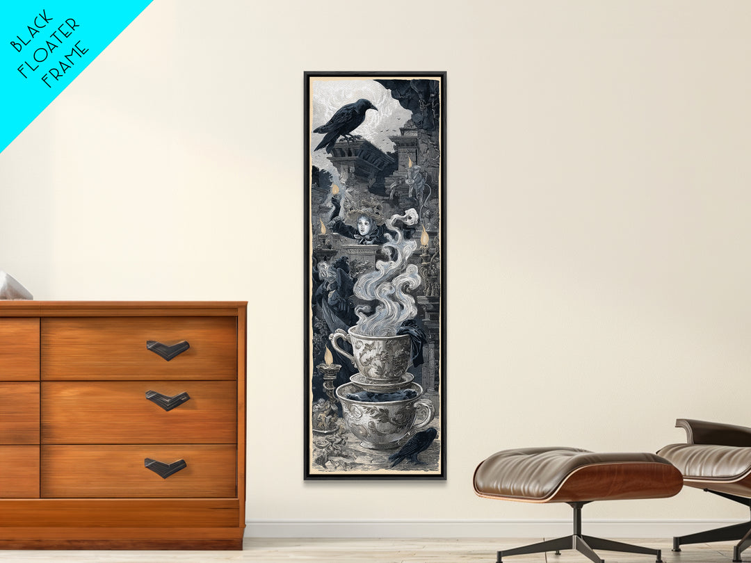 Tiny Ghosts In Teacups, Architectural Etching Art, Tall Narrow Wall Art, Dark Fantasy Wall Art, Framed Canvas Print