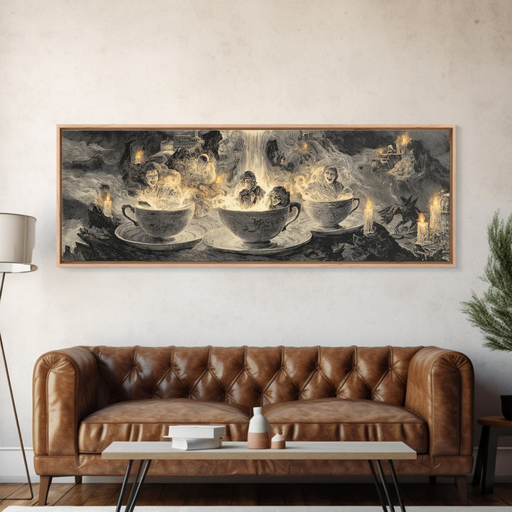Tiny Ghosts In Teacups, Apocalyptic Romantic Art, Extra Wide Wall Art, Macabre Wall Art, Canvas Print, Halloween Wall Art, Dark Fantasy Art