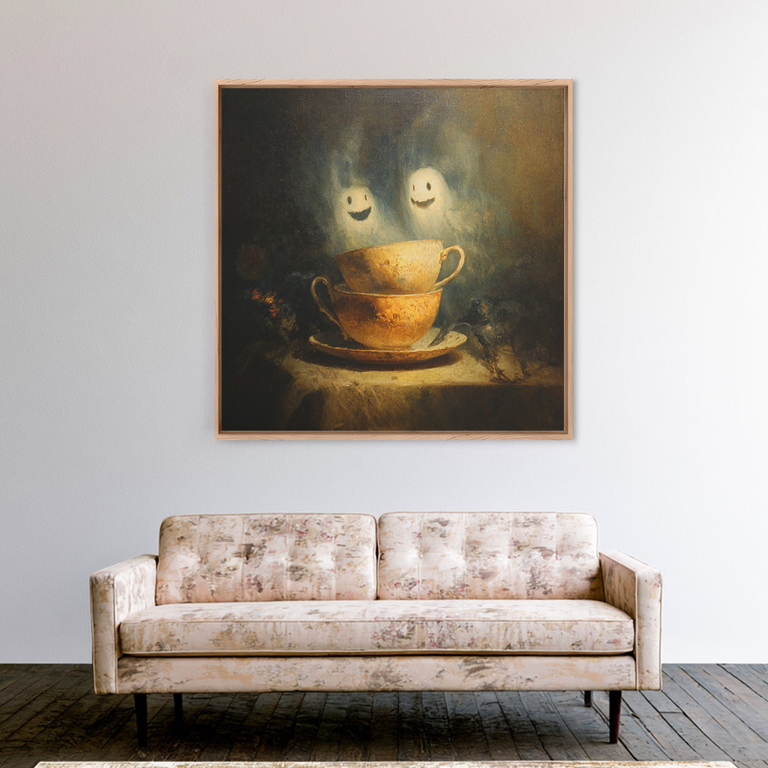 Tiny Ghosts In Teacups, Symbolist Dream Art, Square Wall Art, Dark Halloween Decor, Canvas Print, Halloween Wall Art