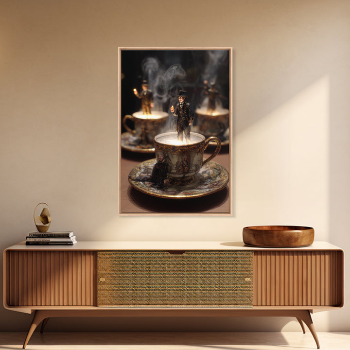 Tiny Ghosts In Teacups, Ornate Symbolist Art, Vertical Wall Art, Dark Fantasy Wall Art, Framed Canvas Print, Halloween Wall Art