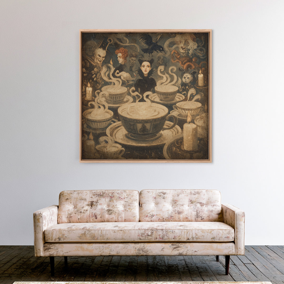 Tiny Ghosts In Teacups, Dark Symbolist Art, Square Wall Art, Gothic Horror Wall Art, Framed Canvas Print, Halloween Wall Art