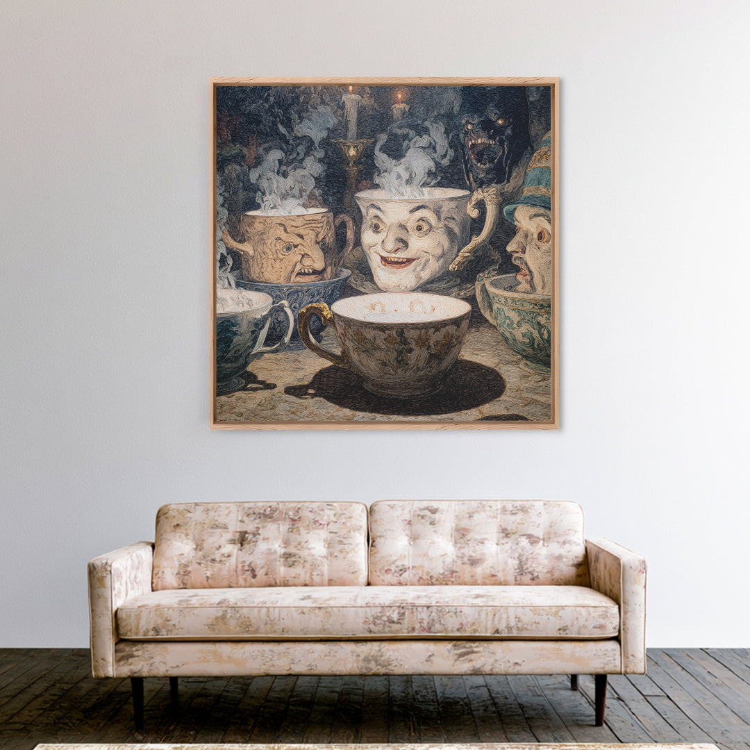 Tiny Ghosts In Teacups, Symbolist Etching Art, Square Wall Art, Dark Fantasy Wall Art, Framed Canvas Print, Halloween Wall Art