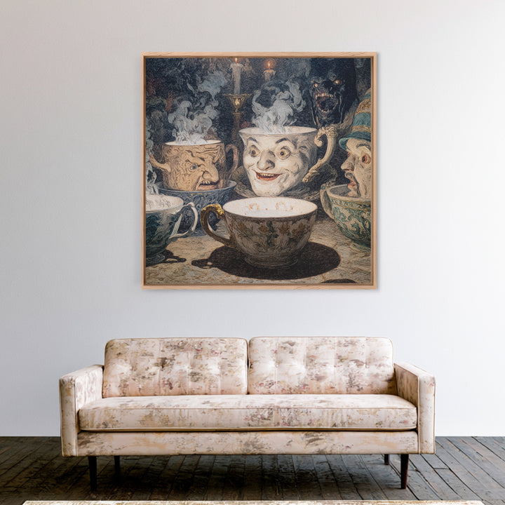 Tiny Ghosts In Teacups, Symbolist Etching Art, Square Wall Art, Dark Fantasy Wall Art, Framed Canvas Print, Halloween Wall Art