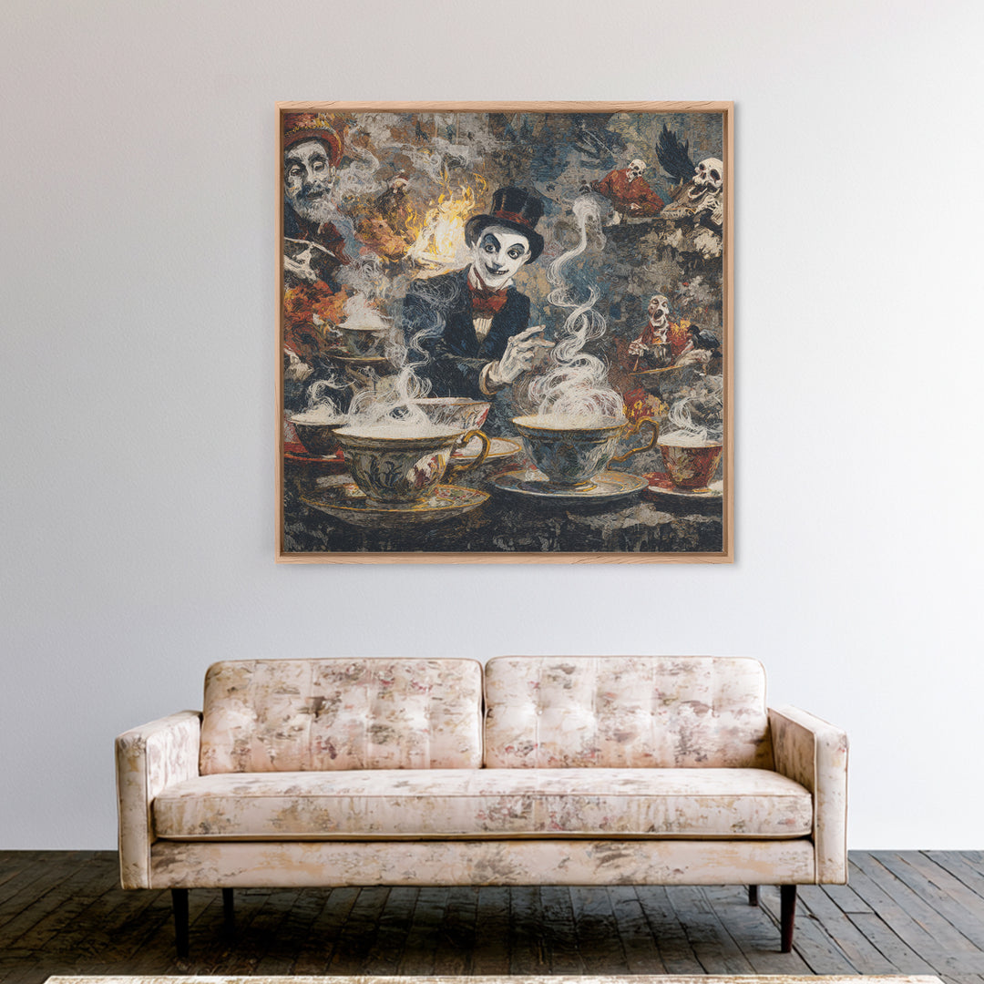 Tiny Ghosts In Teacups, Grotesque Carnival Art, Square Wall Art, Macabre Wall Art, Framed Canvas Print, Halloween Wall Art