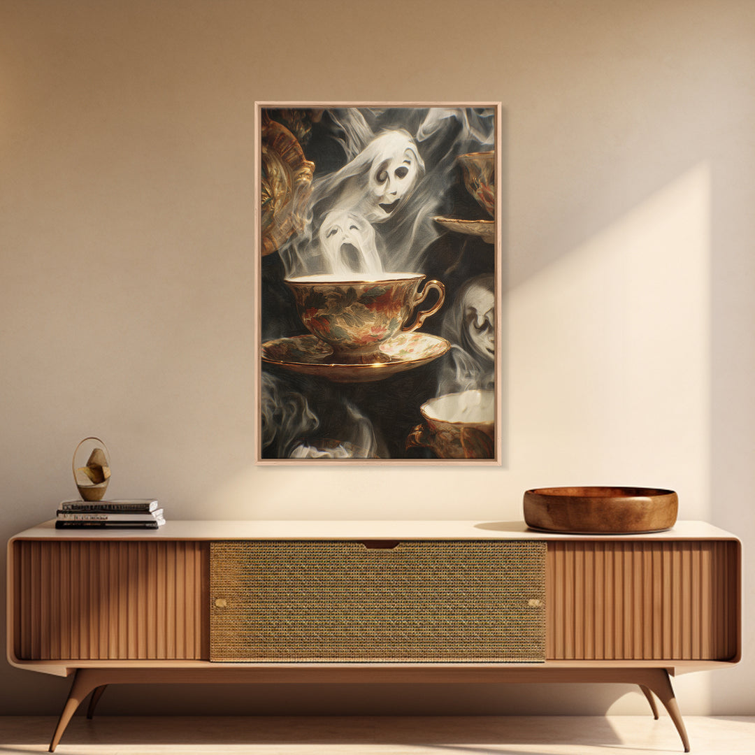 Tiny Ghosts In Teacups, Expressionist Gothic Art, Vertical Wall Art, Dark Fantasy Wall Art, Framed Canvas Print, Halloween Wall Art