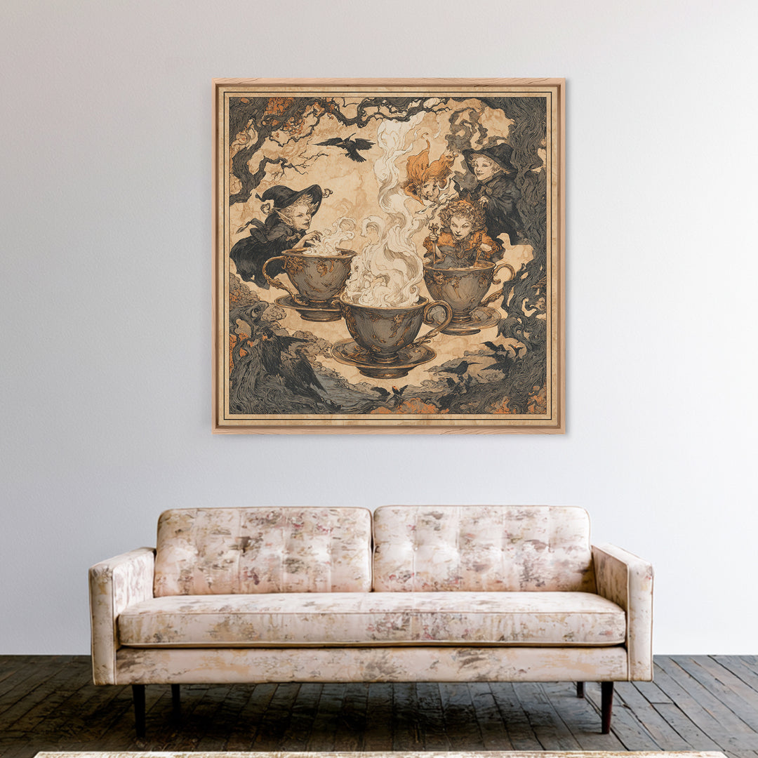 Tiny Ghosts In Teacups, Gothic Storybook Art, Square Wall Art, Macabre Wall Art, Framed Canvas Print, Halloween Wall Art